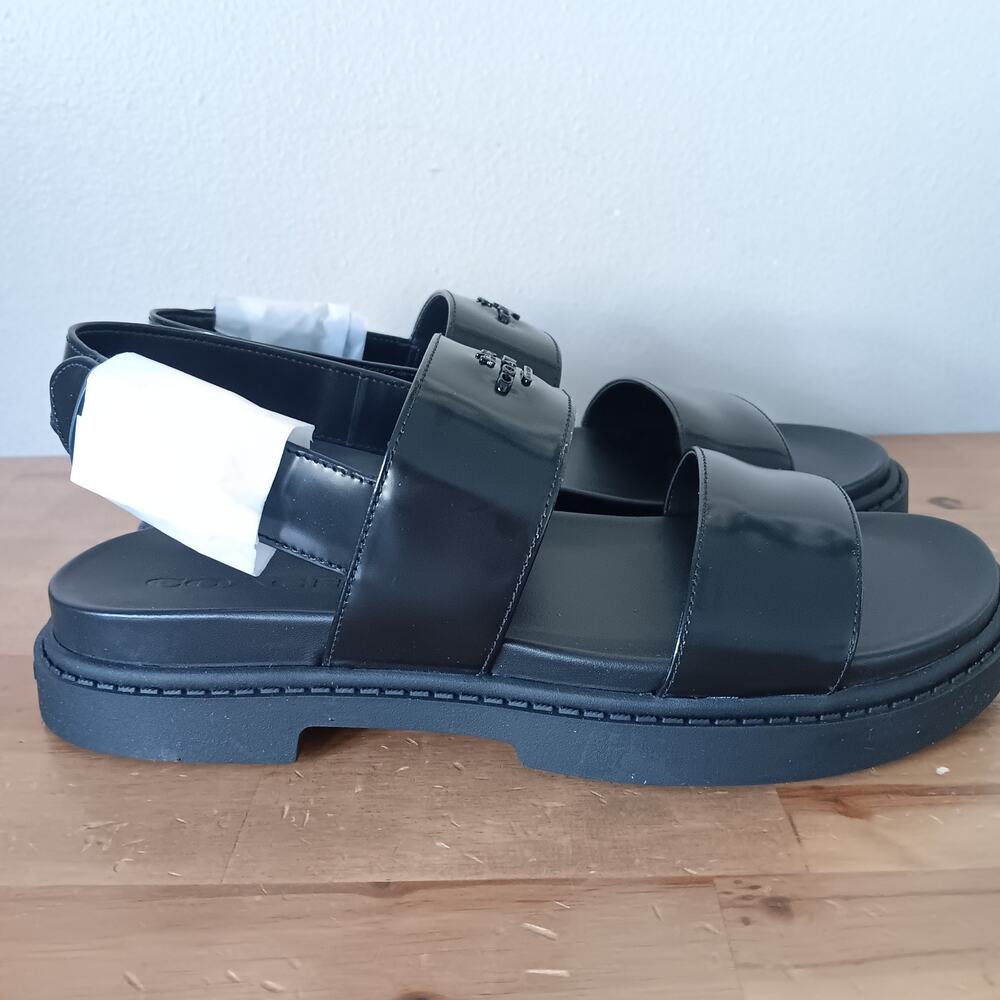 Coach Lockup Two Band Sandal CAP52 Size 7.5 B - Black Leather - Gold Buckle NWB - Picture 5 of 11